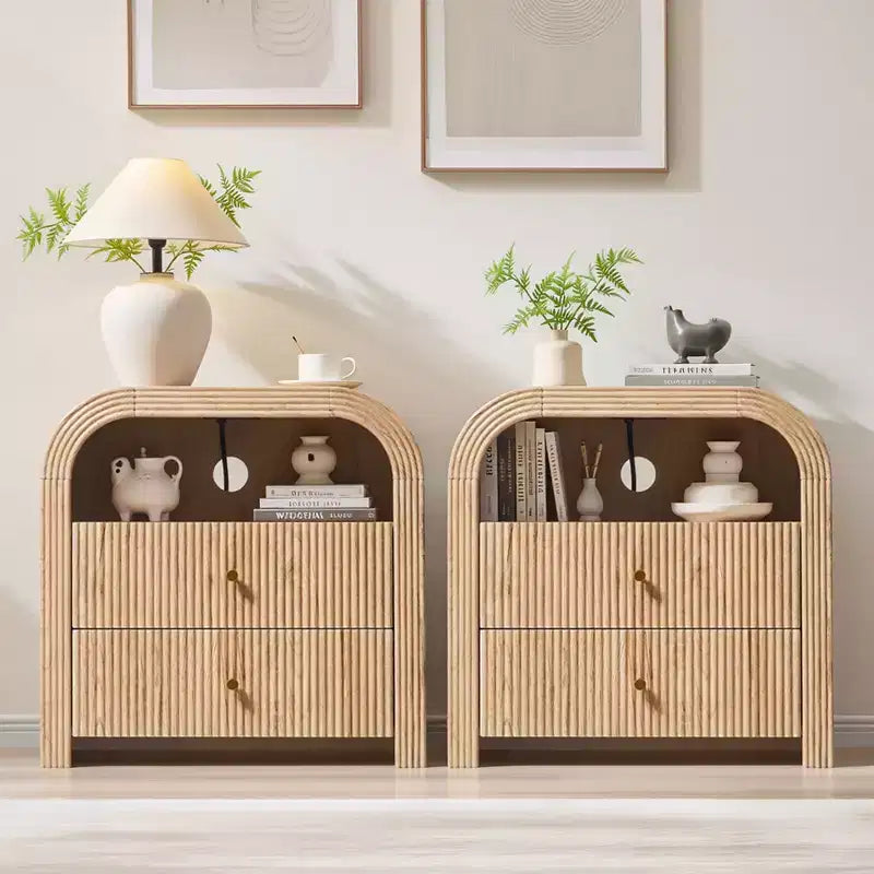 Fluted Nightstand Set of 2 with USB Charging, 24 End Tables, 2 Drawers, Rounded Corners, Modern Storage for Bedroom or Living Room