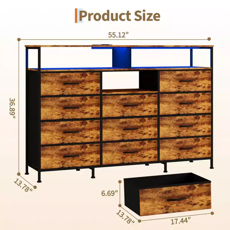 Dresser with Charging Station, Dresser for Bedroom w/11 Drawers, TV Stand Storage w/LED Light for 55 TV, Modern Chest of Drawers for Closet