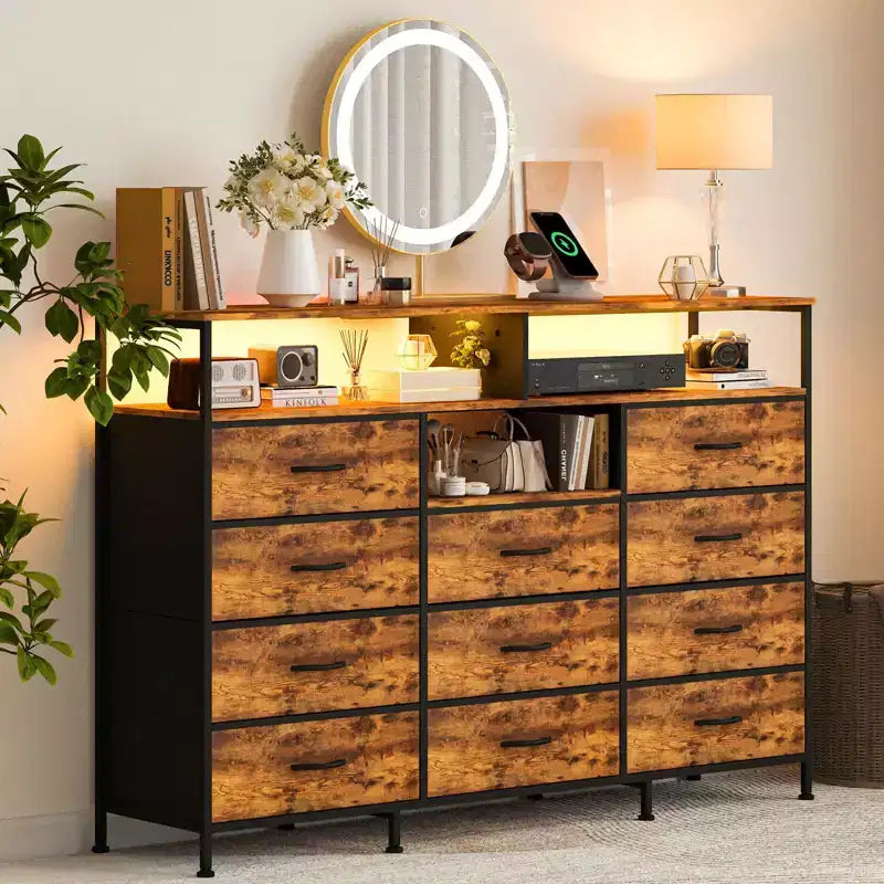 Dresser with Charging Station, Dresser for Bedroom w/11 Drawers, TV Stand Storage w/LED Light for 55 TV, Modern Chest of Drawers for Closet