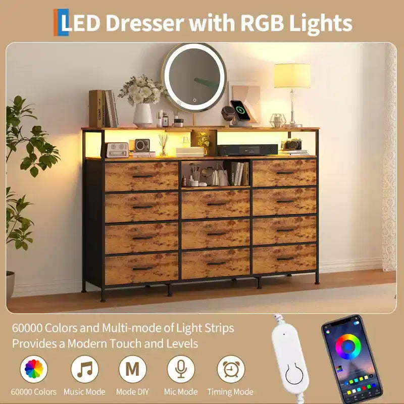 Dresser with Charging Station, Dresser for Bedroom w/11 Drawers, TV Stand Storage w/LED Light for 55 TV, Modern Chest of Drawers for Closet