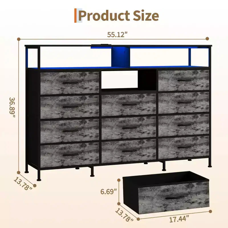 Dresser with Charging Station, Dresser for Bedroom w/11 Drawers, TV Stand Storage w/LED Light for 55 TV, Modern Chest of Drawers for Closet
