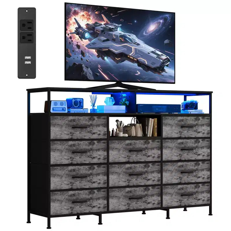 Dresser with Charging Station, Dresser for Bedroom w/11 Drawers, TV Stand Storage w/LED Light for 55 TV, Modern Chest of Drawers for Closet