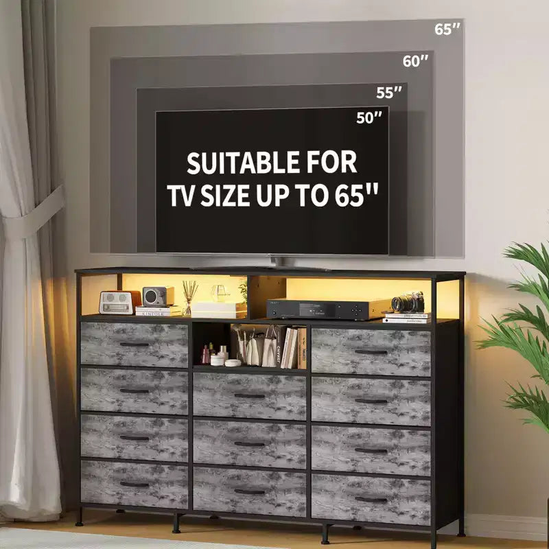 Dresser with Charging Station, Dresser for Bedroom w/11 Drawers, TV Stand Storage w/LED Light for 55 TV, Modern Chest of Drawers for Closet