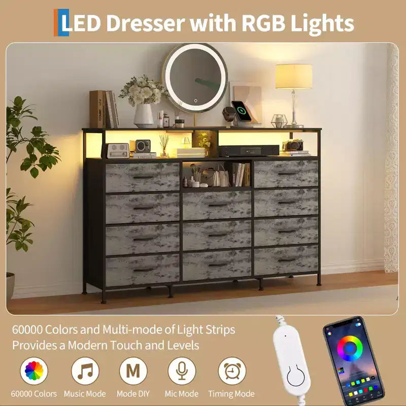 Dresser with Charging Station, Dresser for Bedroom w/11 Drawers, TV Stand Storage w/LED Light for 55 TV, Modern Chest of Drawers for Closet