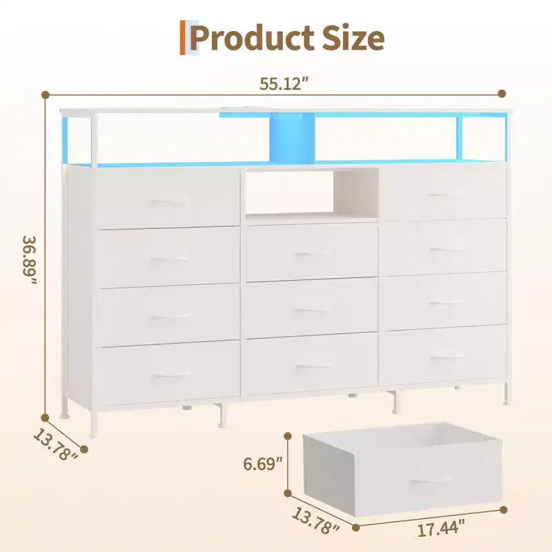 Dresser with Charging Station, Dresser for Bedroom w/11 Drawers, TV Stand Storage w/LED Light for 55 TV, Modern Chest of Drawers for Closet