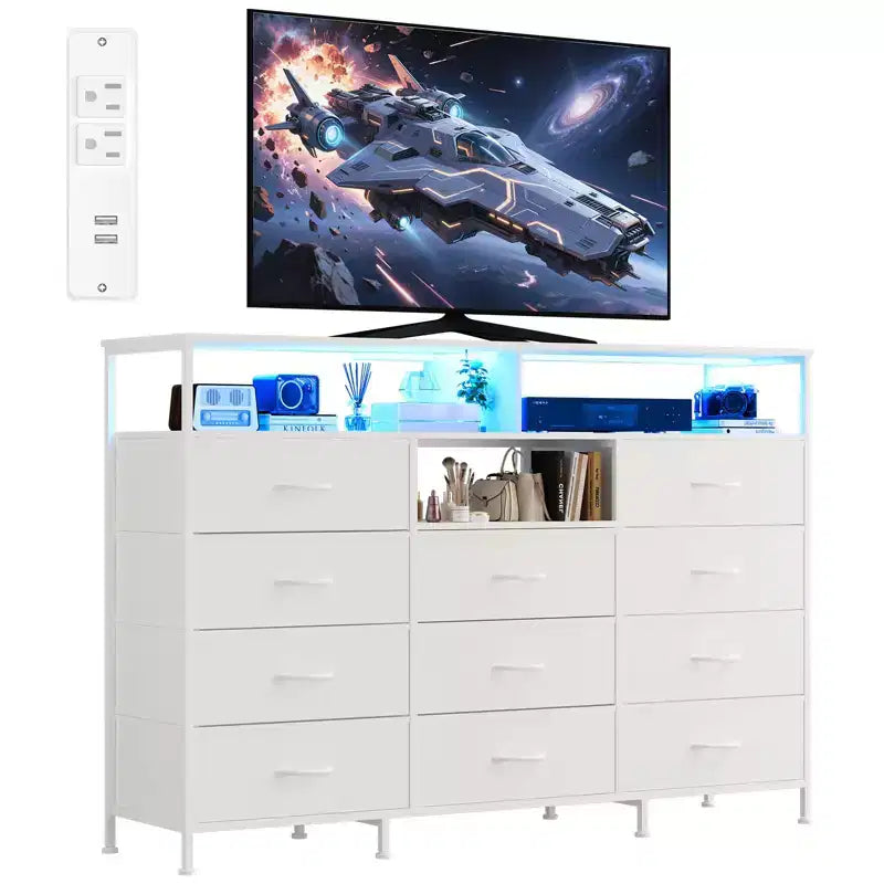 Dresser with Charging Station, Dresser for Bedroom w/11 Drawers, TV Stand Storage w/LED Light for 55 TV, Modern Chest of Drawers for Closet