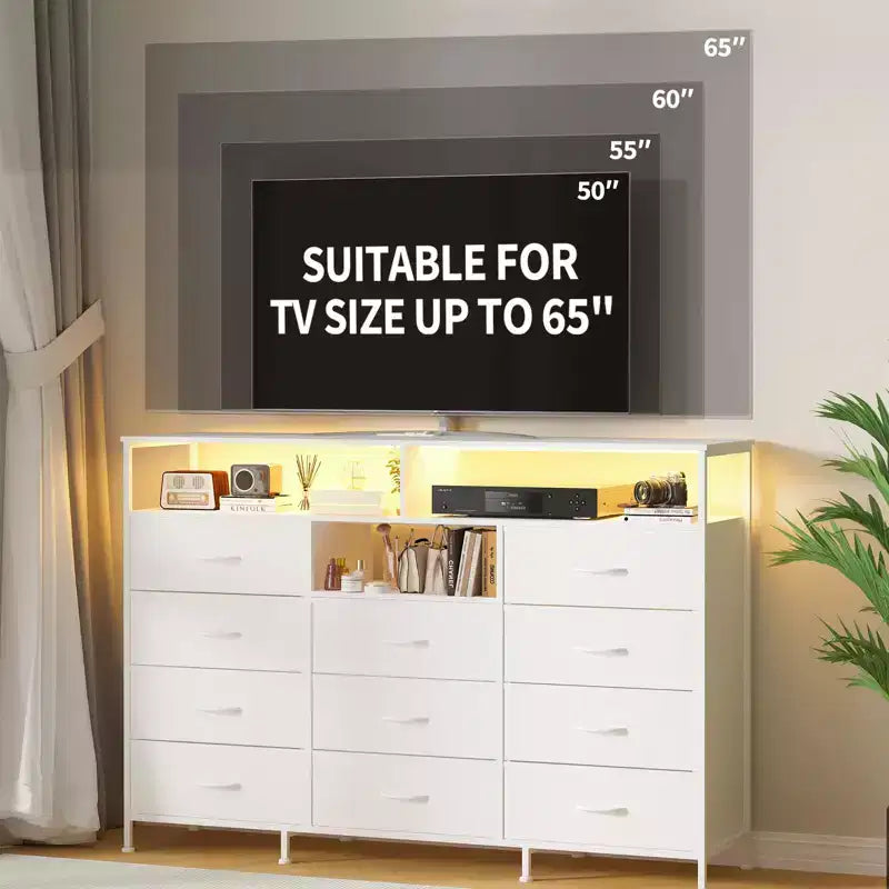 Dresser with Charging Station, Dresser for Bedroom w/11 Drawers, TV Stand Storage w/LED Light for 55 TV, Modern Chest of Drawers for Closet