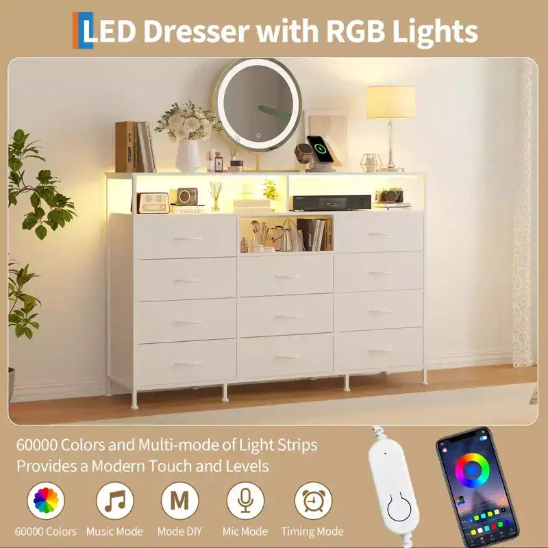 Dresser with Charging Station, Dresser for Bedroom w/11 Drawers, TV Stand Storage w/LED Light for 55 TV, Modern Chest of Drawers for Closet