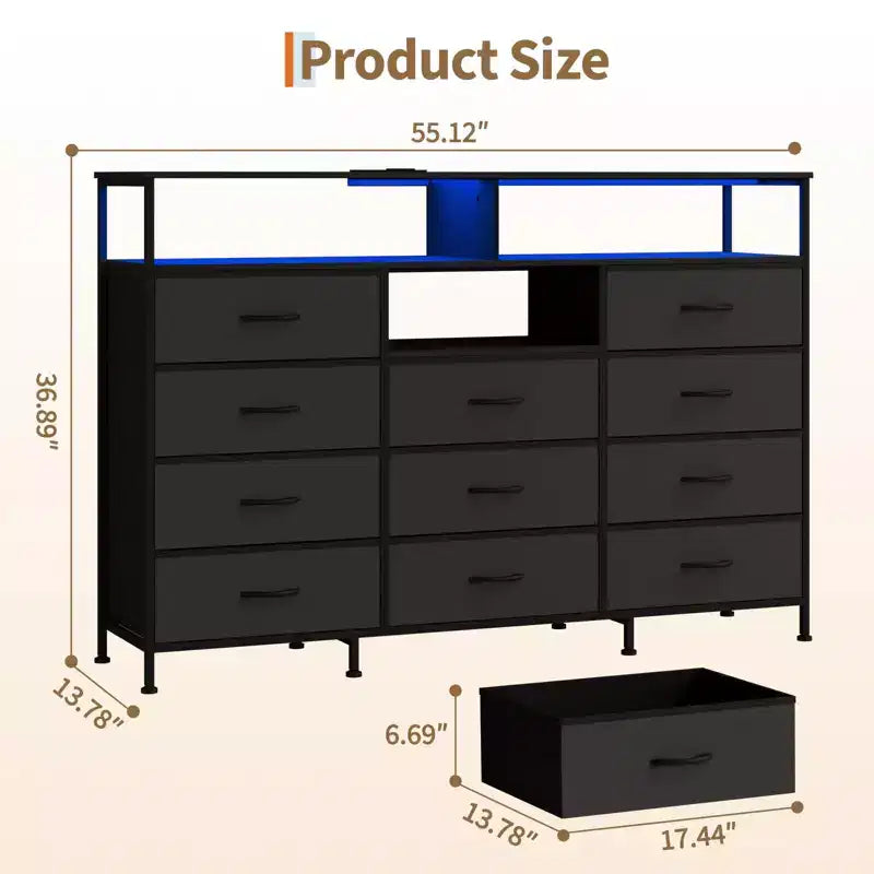 Dresser with Charging Station, Dresser for Bedroom w/11 Drawers, TV Stand Storage w/LED Light for 55 TV, Modern Chest of Drawers for Closet