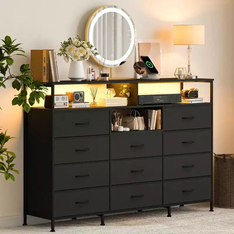 Dresser with Charging Station, Dresser for Bedroom w/11 Drawers, TV Stand Storage w/LED Light for 55 TV, Modern Chest of Drawers for Closet