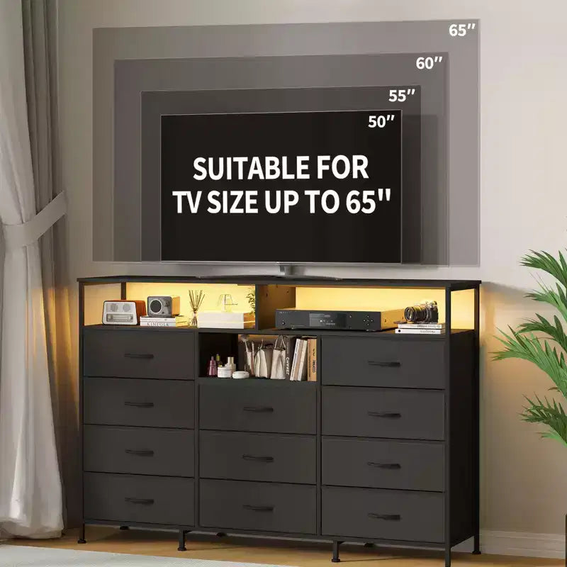 Dresser with Charging Station, Dresser for Bedroom w/11 Drawers, TV Stand Storage w/LED Light for 55 TV, Modern Chest of Drawers for Closet