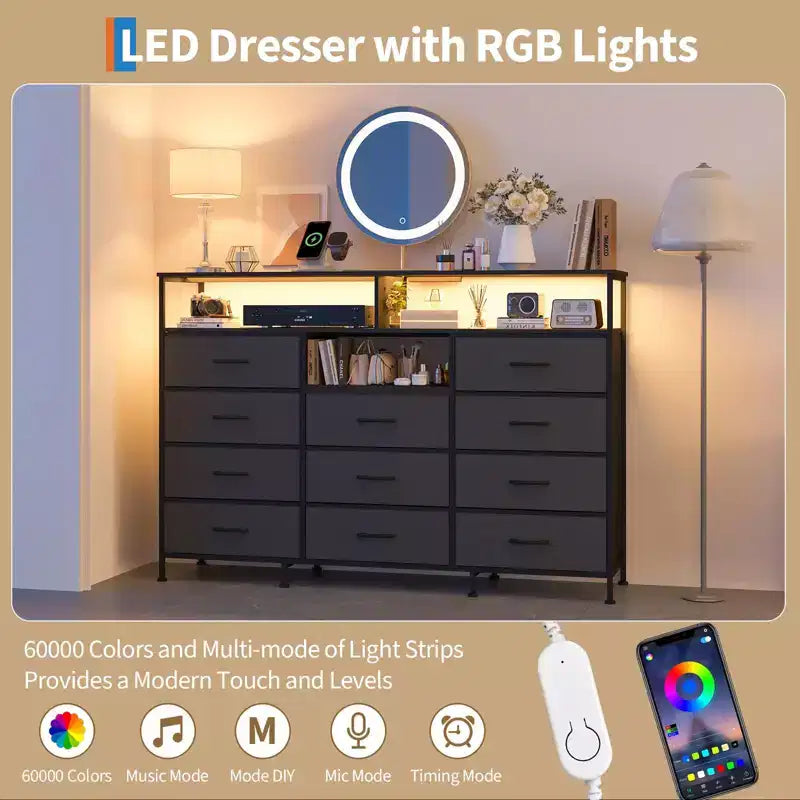 Dresser with Charging Station, Dresser for Bedroom w/11 Drawers, TV Stand Storage w/LED Light for 55 TV, Modern Chest of Drawers for Closet
