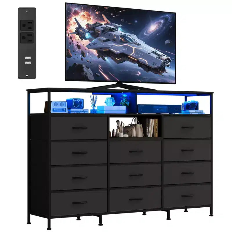 Dresser with Charging Station, Dresser for Bedroom w/11 Drawers, TV Stand Storage w/LED Light for 55 TV, Modern Chest of Drawers for Closet