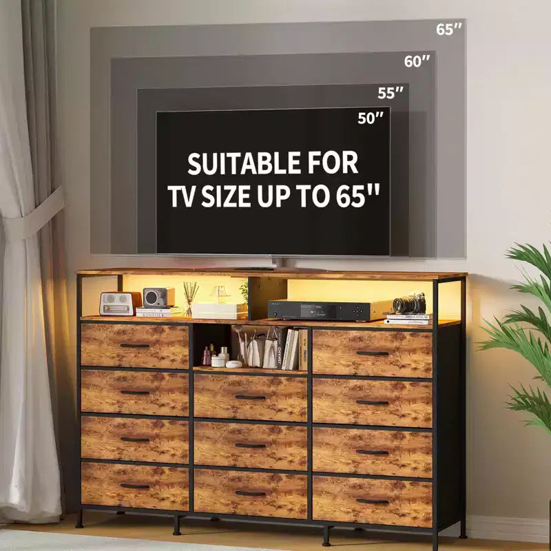 Dresser with Charging Station, Dresser for Bedroom w/11 Drawers, TV Stand Storage w/LED Light for 55 TV, Modern Chest of Drawers for Closet