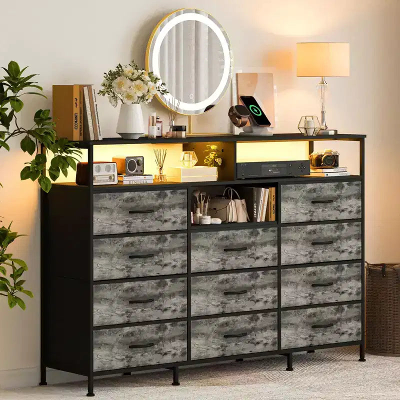 Dresser with Charging Station, Dresser for Bedroom w/11 Drawers, TV Stand Storage w/LED Light for 55 TV, Modern Chest of Drawers for Closet