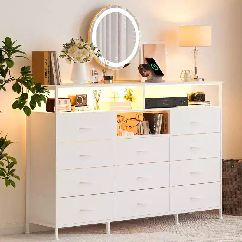 Dresser with Charging Station, Dresser for Bedroom w/11 Drawers, TV Stand Storage w/LED Light for 55 TV, Modern Chest of Drawers for Closet