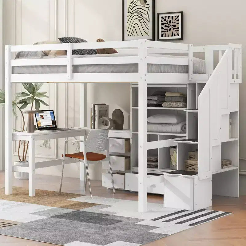 Whisen Twin Size Loft Bed with L-Shaped Desk, 3 Drawers, Cabinet, Staircase Storage, Solid Pine/MDF Build