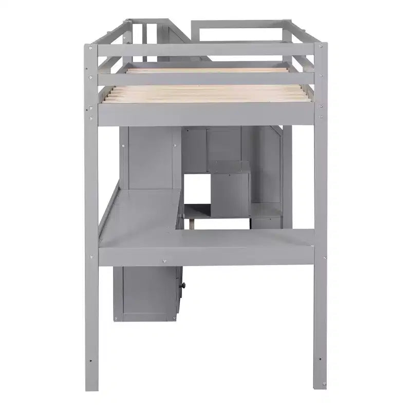 Whisen Twin Size Loft Bed with L-Shaped Desk, 3 Drawers, Cabinet, Staircase Storage, Solid Pine/MDF Build