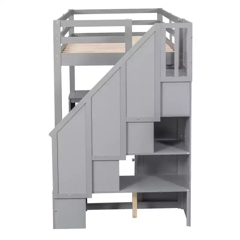 Whisen Twin Size Loft Bed with L-Shaped Desk, 3 Drawers, Cabinet, Staircase Storage, Solid Pine/MDF Build