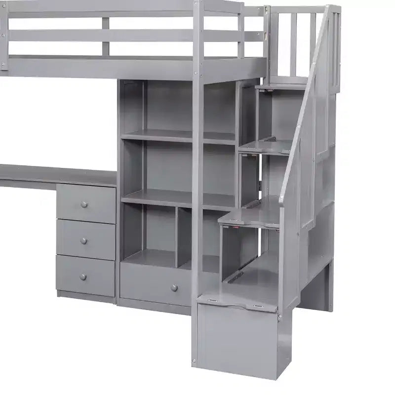 Whisen Twin Size Loft Bed with L-Shaped Desk, 3 Drawers, Cabinet, Staircase Storage, Solid Pine/MDF Build