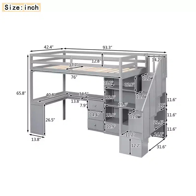 Whisen Twin Size Loft Bed with L-Shaped Desk, 3 Drawers, Cabinet, Staircase Storage, Solid Pine/MDF Build