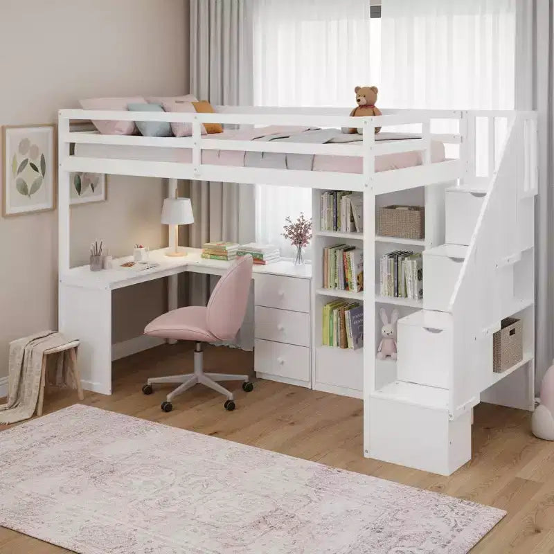 Whisen Twin Size Loft Bed with L-Shaped Desk, 3 Drawers, Cabinet, Staircase Storage, Solid Pine/MDF Build