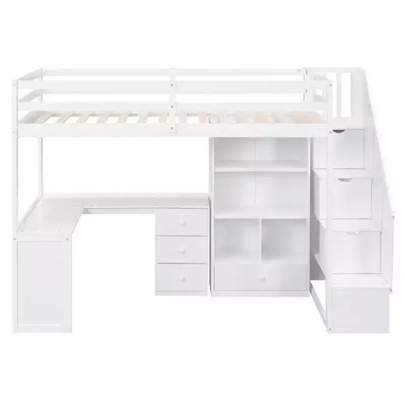 Whisen Twin Size Loft Bed with L-Shaped Desk, 3 Drawers, Cabinet, Staircase Storage, Solid Pine/MDF Build