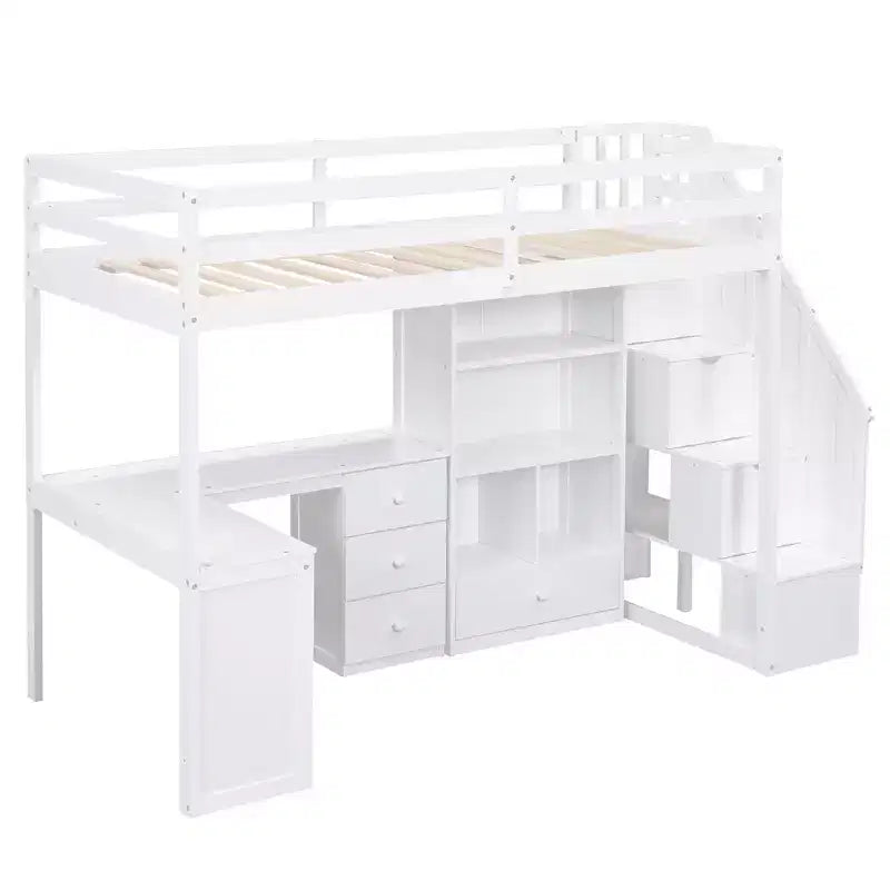 Whisen Twin Size Loft Bed with L-Shaped Desk, 3 Drawers, Cabinet, Staircase Storage, Solid Pine/MDF Build