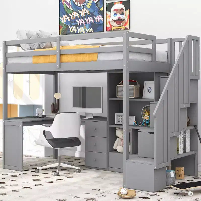 Whisen Twin Size Loft Bed with L-Shaped Desk, 3 Drawers, Cabinet, Staircase Storage, Solid Pine/MDF Build