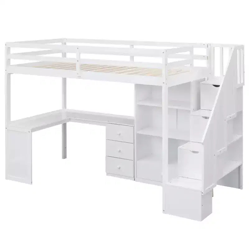 Whisen Twin Size Loft Bed with L-Shaped Desk, 3 Drawers, Cabinet, Staircase Storage, Solid Pine/MDF Build