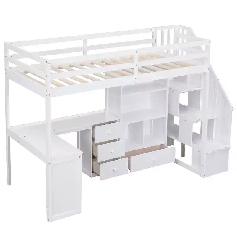 Whisen Twin Size Loft Bed with L-Shaped Desk, 3 Drawers, Cabinet, Staircase Storage, Solid Pine/MDF Build