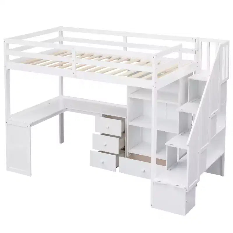 Whisen Twin Size Loft Bed with L-Shaped Desk, 3 Drawers, Cabinet, Staircase Storage, Solid Pine/MDF Build