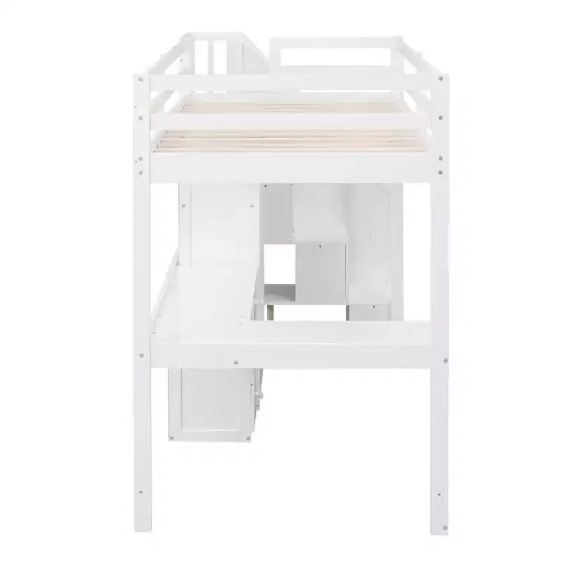 Whisen Twin Size Loft Bed with L-Shaped Desk, 3 Drawers, Cabinet, Staircase Storage, Solid Pine/MDF Build