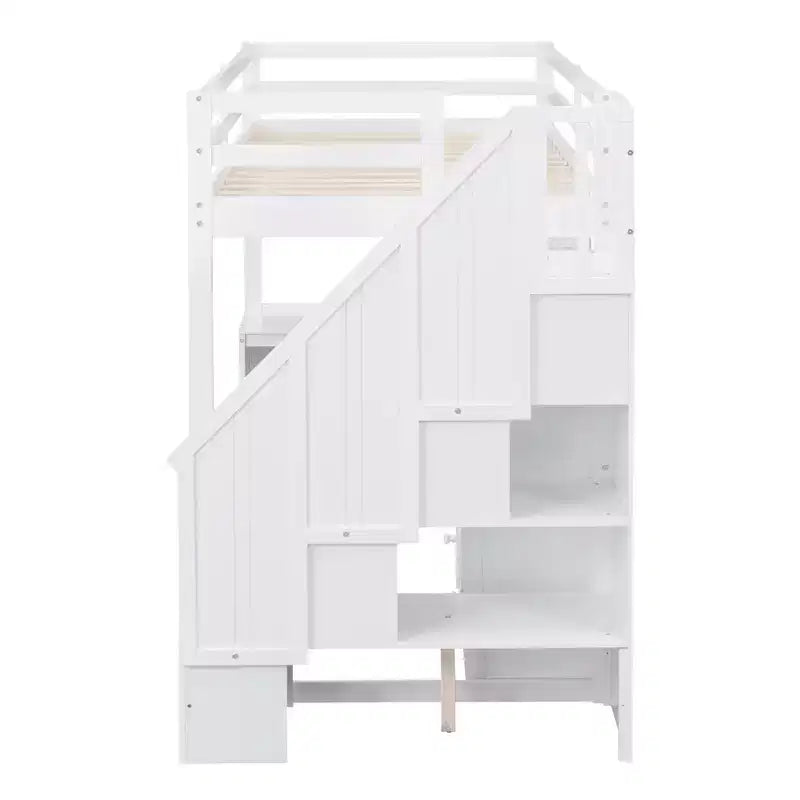 Whisen Twin Size Loft Bed with L-Shaped Desk, 3 Drawers, Cabinet, Staircase Storage, Solid Pine/MDF Build
