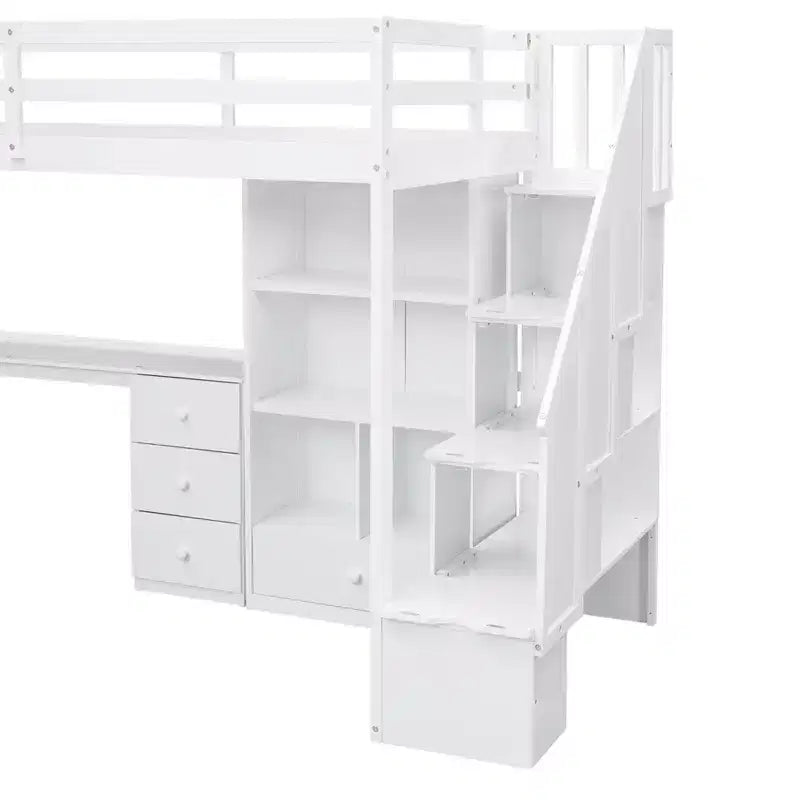 Whisen Twin Size Loft Bed with L-Shaped Desk, 3 Drawers, Cabinet, Staircase Storage, Solid Pine/MDF Build