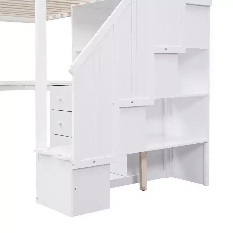 Whisen Twin Size Loft Bed with L-Shaped Desk, 3 Drawers, Cabinet, Staircase Storage, Solid Pine/MDF Build