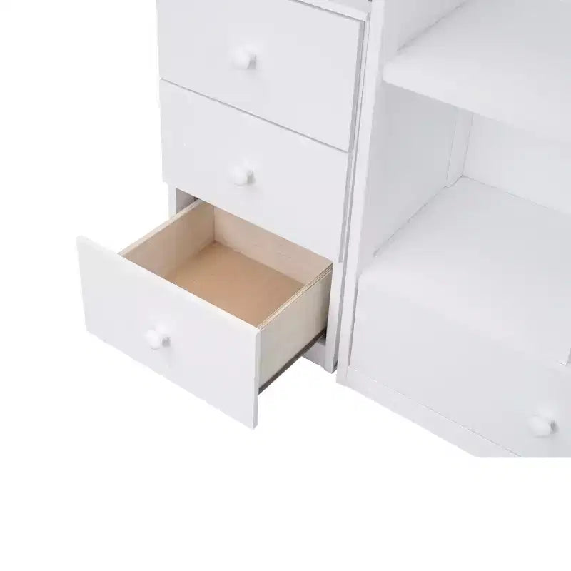 Whisen Twin Size Loft Bed with L-Shaped Desk, 3 Drawers, Cabinet, Staircase Storage, Solid Pine/MDF Build