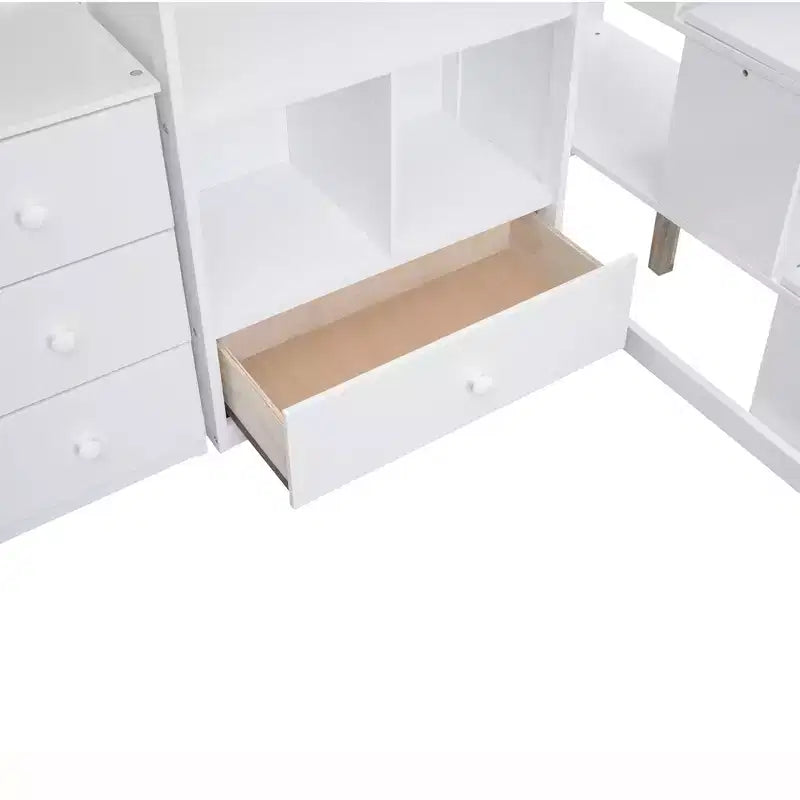 Whisen Twin Size Loft Bed with L-Shaped Desk, 3 Drawers, Cabinet, Staircase Storage, Solid Pine/MDF Build