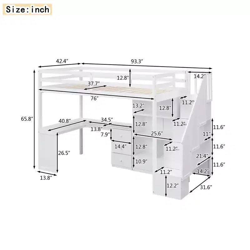 Whisen Twin Size Loft Bed with L-Shaped Desk, 3 Drawers, Cabinet, Staircase Storage, Solid Pine/MDF Build