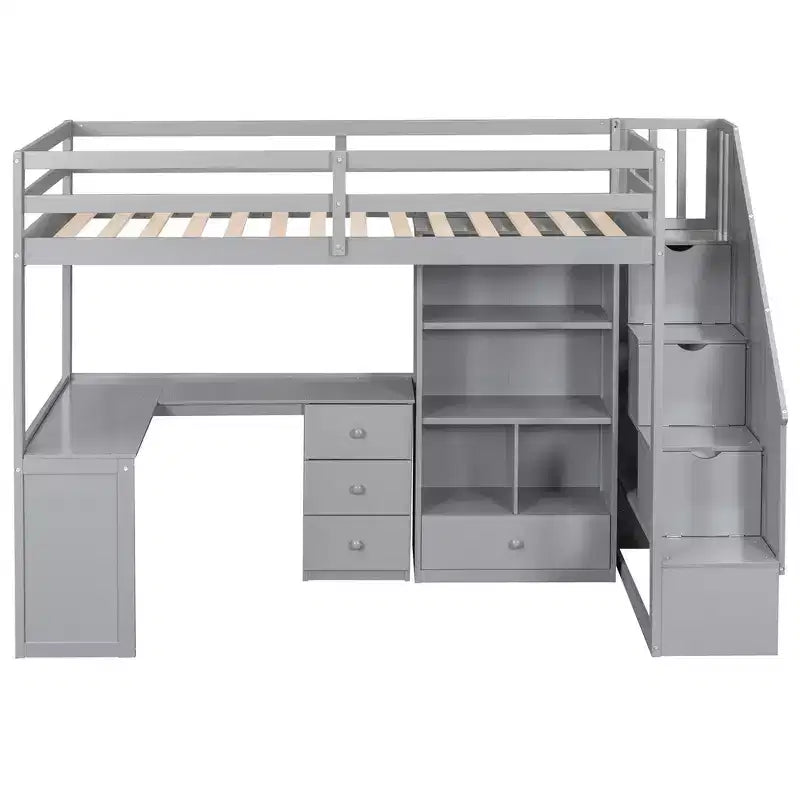 Whisen Twin Size Loft Bed with L-Shaped Desk, 3 Drawers, Cabinet, Staircase Storage, Solid Pine/MDF Build