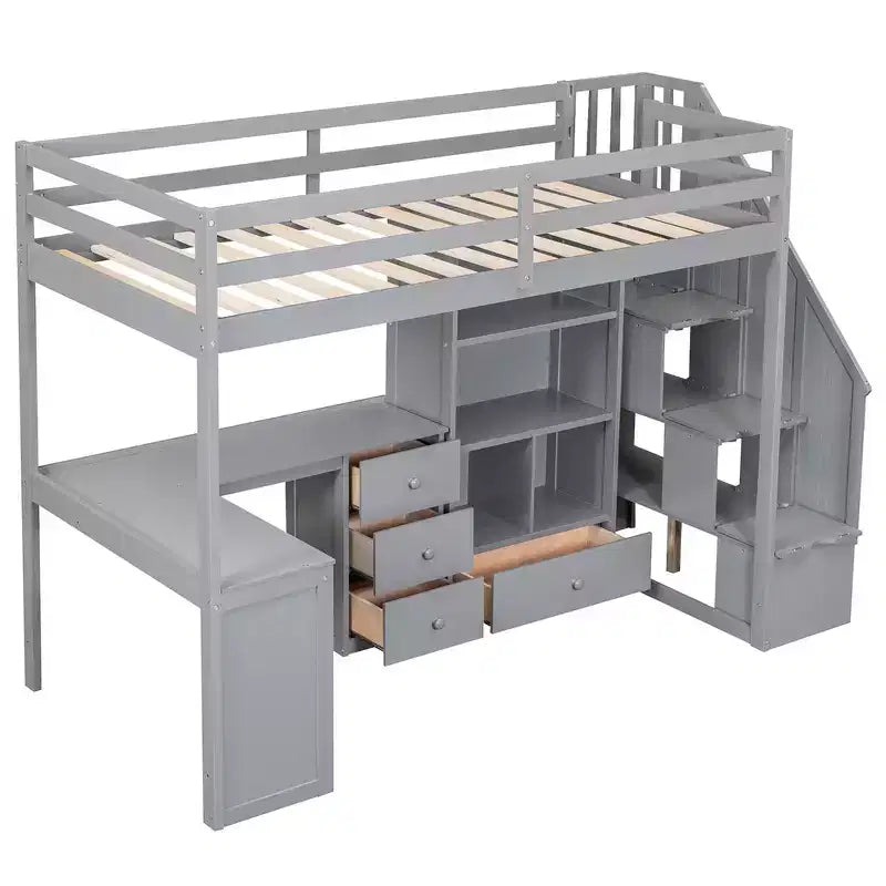 Whisen Twin Size Loft Bed with L-Shaped Desk, 3 Drawers, Cabinet, Staircase Storage, Solid Pine/MDF Build
