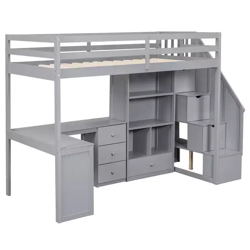 Whisen Twin Size Loft Bed with L-Shaped Desk, 3 Drawers, Cabinet, Staircase Storage, Solid Pine/MDF Build