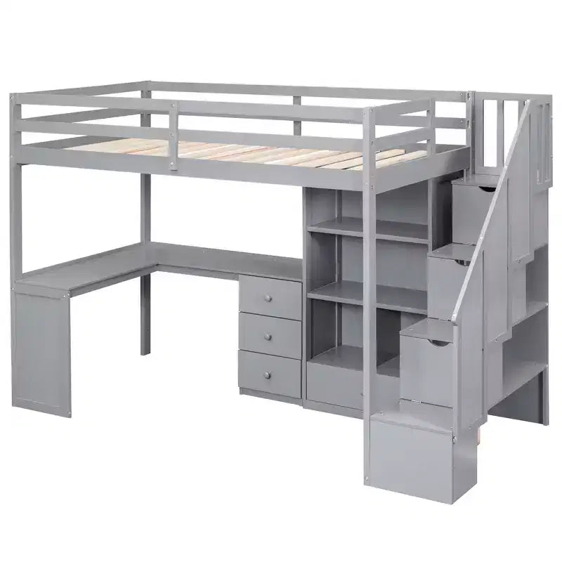 Whisen Twin Size Loft Bed with L-Shaped Desk, 3 Drawers, Cabinet, Staircase Storage, Solid Pine/MDF Build