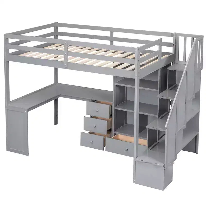 Whisen Twin Size Loft Bed with L-Shaped Desk, 3 Drawers, Cabinet, Staircase Storage, Solid Pine/MDF Build