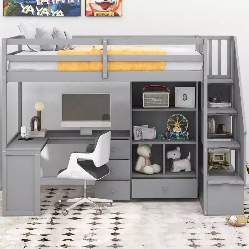 Whisen Twin Size Loft Bed with L-Shaped Desk, 3 Drawers, Cabinet, Staircase Storage, Solid Pine/MDF Build