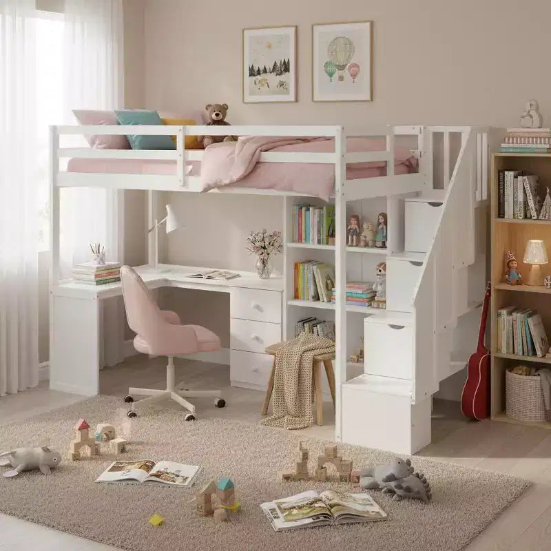 Lit mezzanine Whisen double avec bureau en L, 3 tiroirs, armoire, escalier avec rangement, en pin massif/MDF