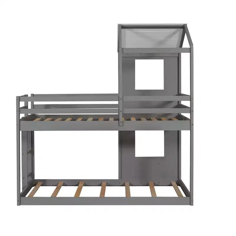 Bellemave Twin Over Twin Playhouse Bunk Bed with Roof & Window, Solid Wood Frame, Guardrails & Ladder, Space-Saving Kids Bunk Bed