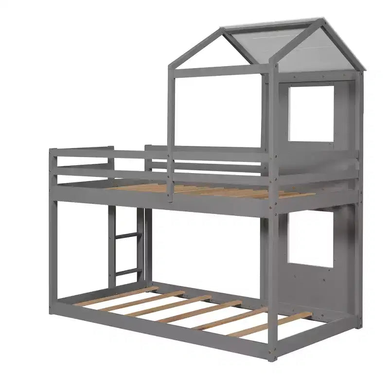 Bellemave Twin Over Twin Playhouse Bunk Bed with Roof & Window, Solid Wood Frame, Guardrails & Ladder, Space-Saving Kids Bunk Bed