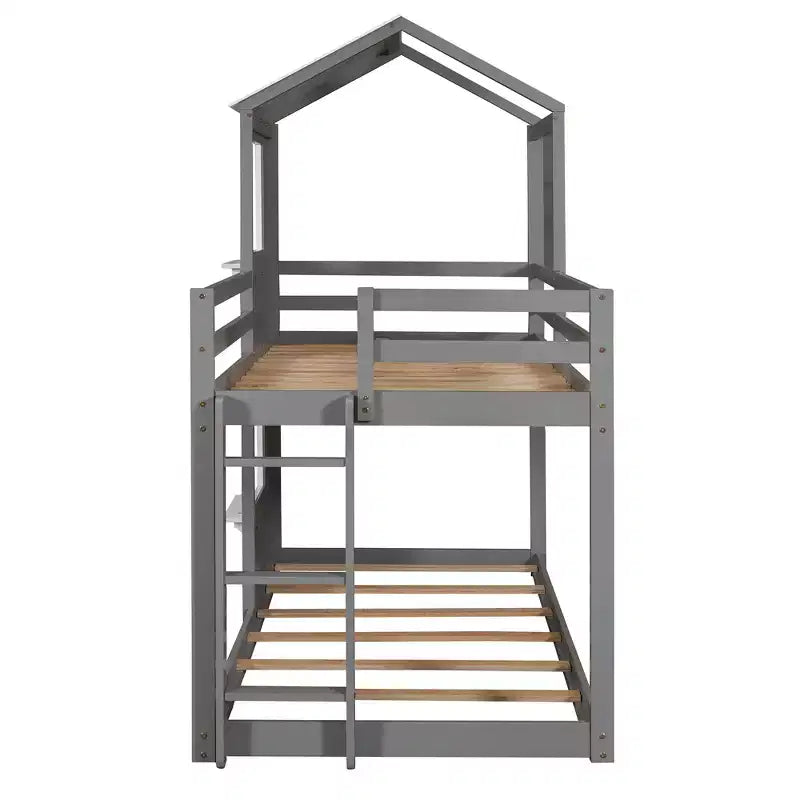 Bellemave Twin Over Twin Playhouse Bunk Bed with Roof & Window, Solid Wood Frame, Guardrails & Ladder, Space-Saving Kids Bunk Bed