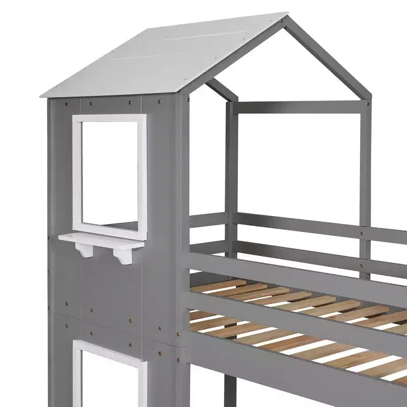 Bellemave Twin Over Twin Playhouse Bunk Bed with Roof & Window, Solid Wood Frame, Guardrails & Ladder, Space-Saving Kids Bunk Bed